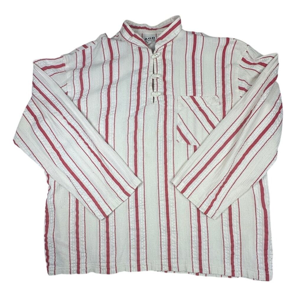 AGD Shirt Striped Toggle Mandarin Collar Cotton Cream Red